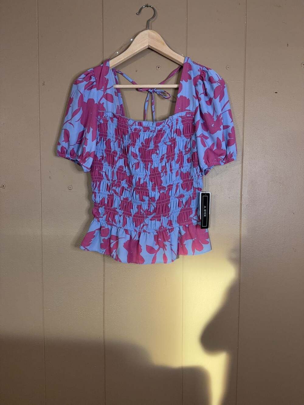 A. Byer Floral Smocked Peplum Top Size Medium